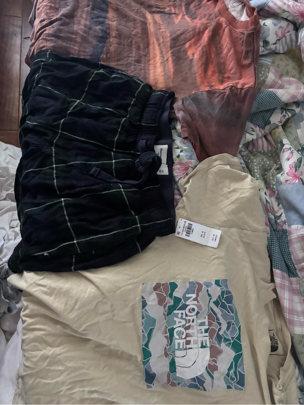 North Face Tee with Brown, and Gray Camo men Small 
+ men sleep pants XS tags